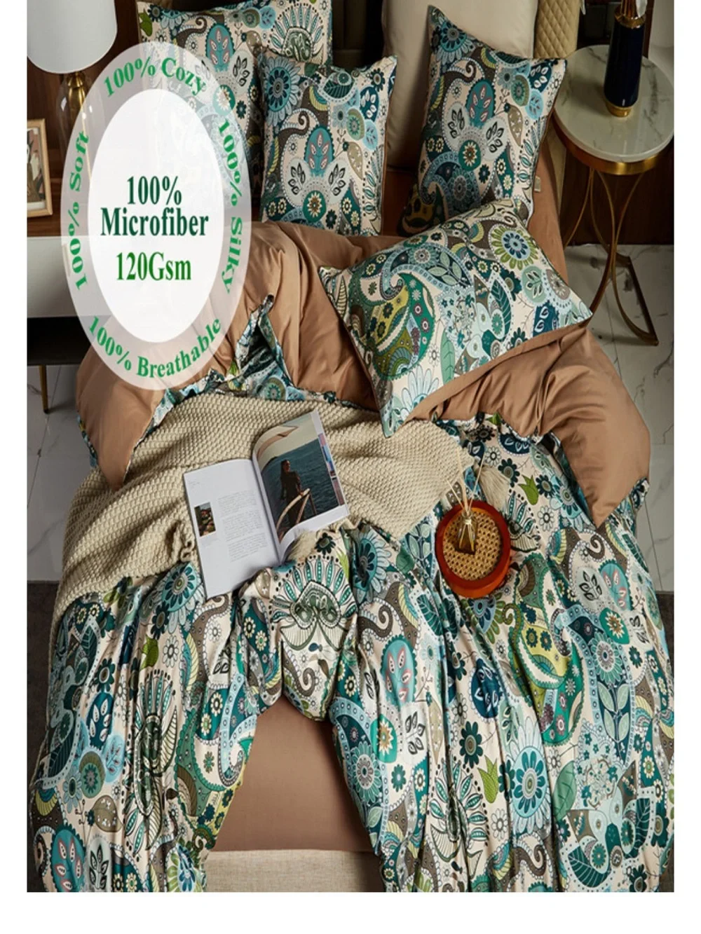 Floral Paisley Comforter Set in Mint, Teal, and Cream Bohemian